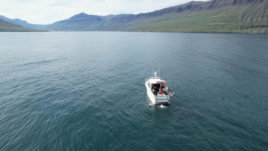 Dramatic aerial view of a motorboat on a serene lake with mountainous backdrop in Seydisfjordur, Iceland.